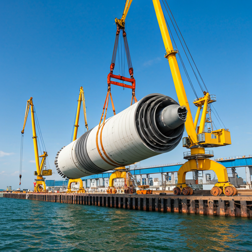 Massive power turbine being lifted by heavy-duty dock cranes