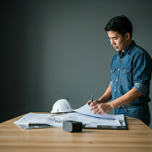 Logistics specialist reviewing site blueprints and planning